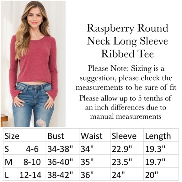 Raspberry Round Neck Long Sleeve Ribbed Tee - Picture 16 of 16